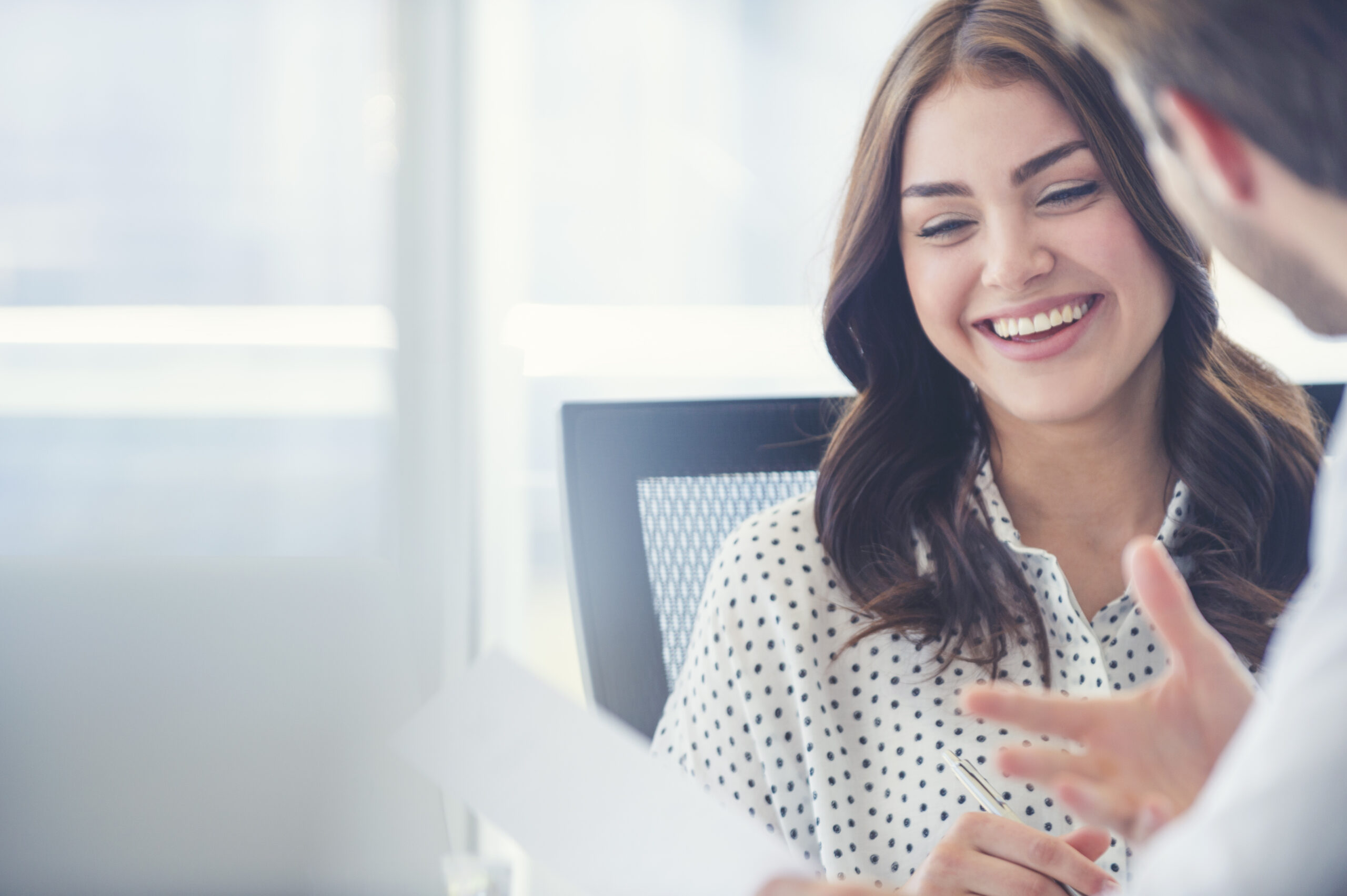 Businessman business woman working together smiling